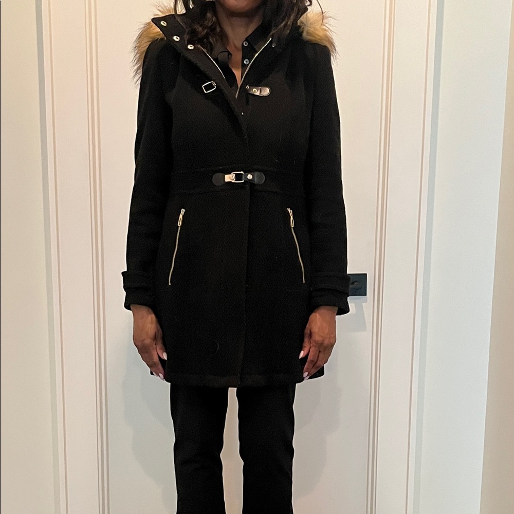 Ivanka Trump Black Trench Coat with Fur Trim